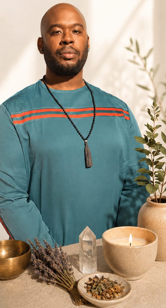 Santi standing behind a table set with a brass singing bowl, lavender, a clear quartz point, and a lit candle.